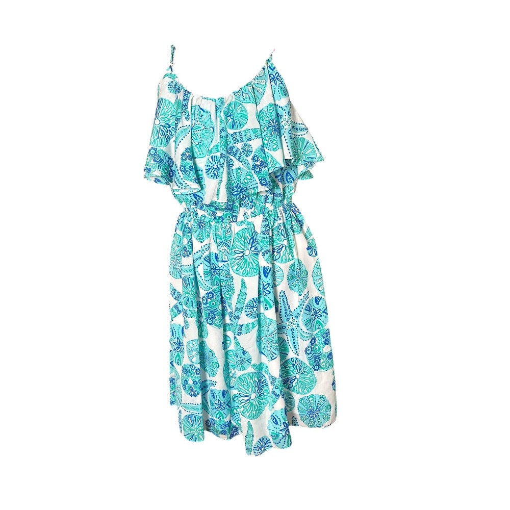 Lilly Pulitzer Boho Coquette Teal Blue Sea Urchin Ruffle Dress Womens‎ Medium